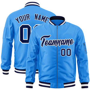 Custom Powder Blue Navy-White Varsity Full-Zip Letterman Bomber Jacket