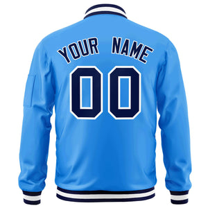 Custom Powder Blue Navy-White Varsity Full-Zip Letterman Bomber Jacket