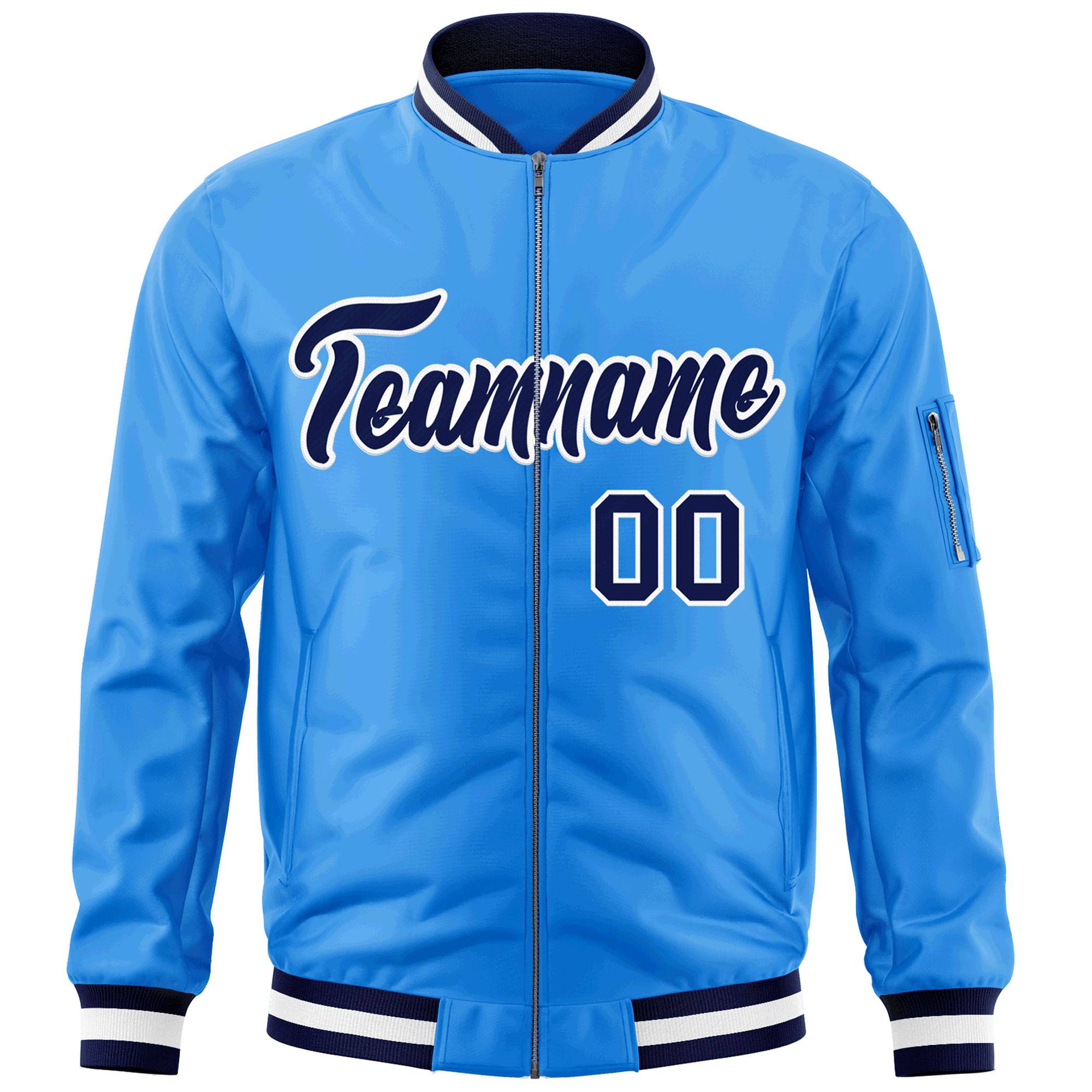 Custom Powder Blue Navy-White Varsity Full-Zip Letterman Bomber Jacket