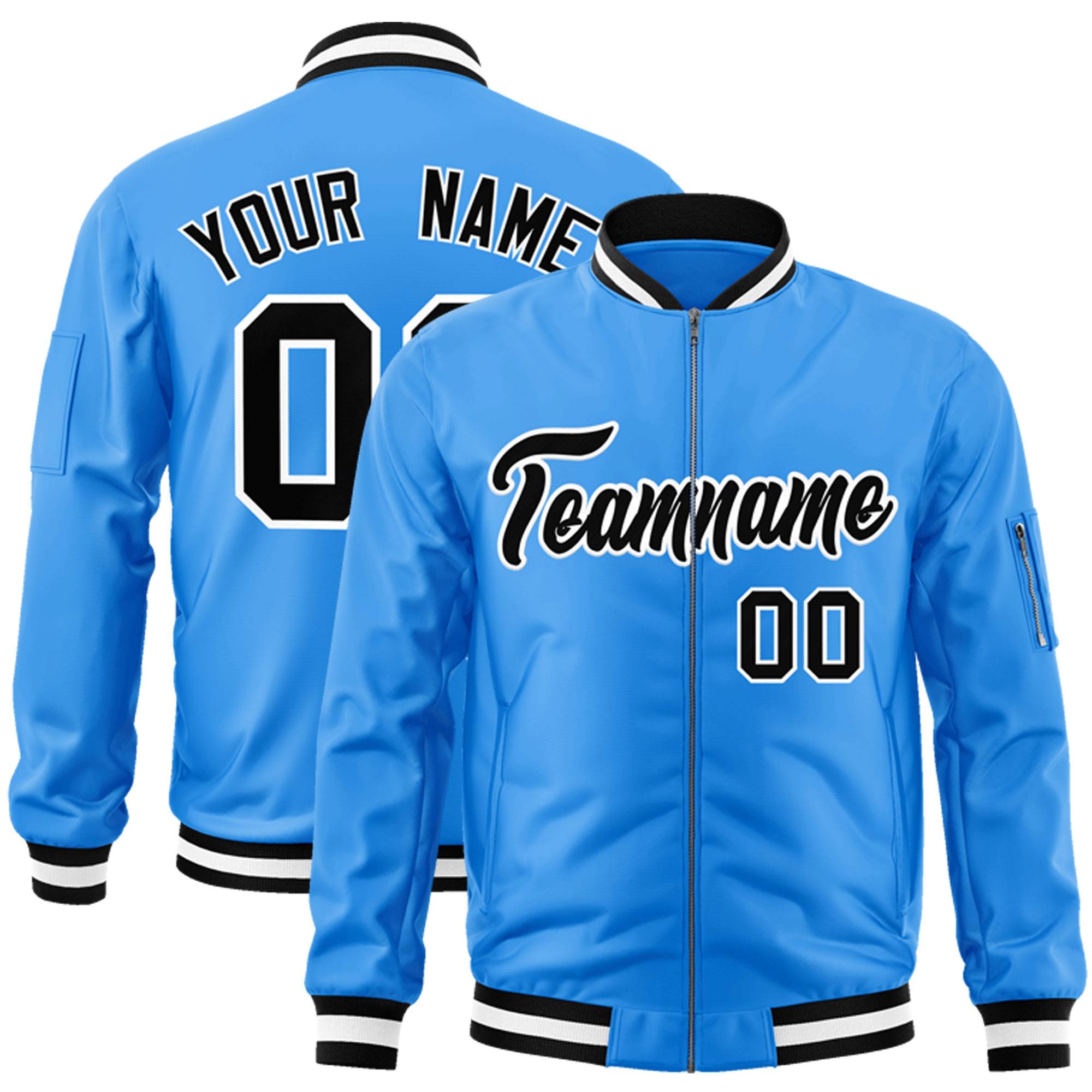 Custom Powder Blue Black-White Varsity Full-Zip Letterman Bomber Jacket