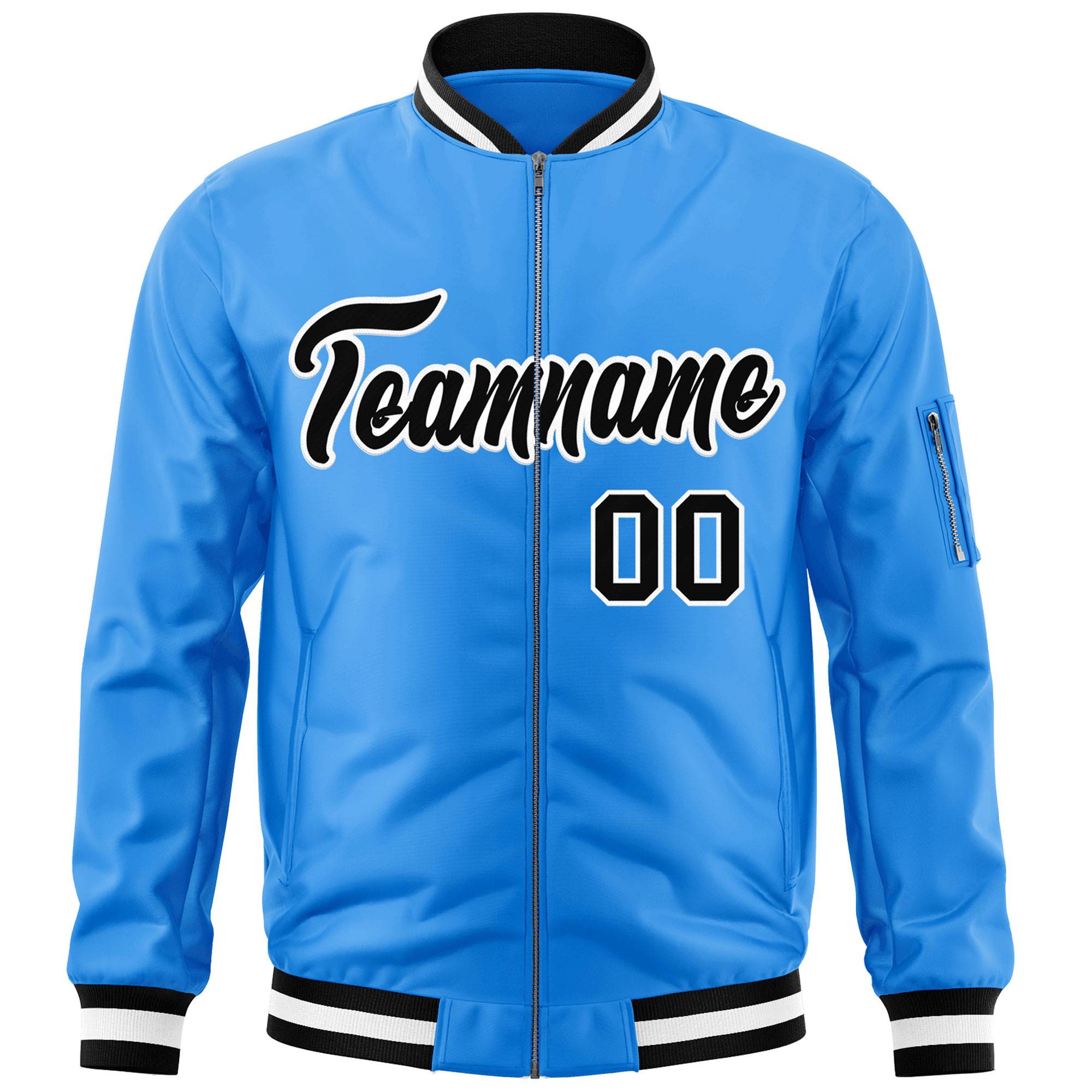 Custom Powder Blue Black-White Varsity Full-Zip Letterman Bomber Jacket