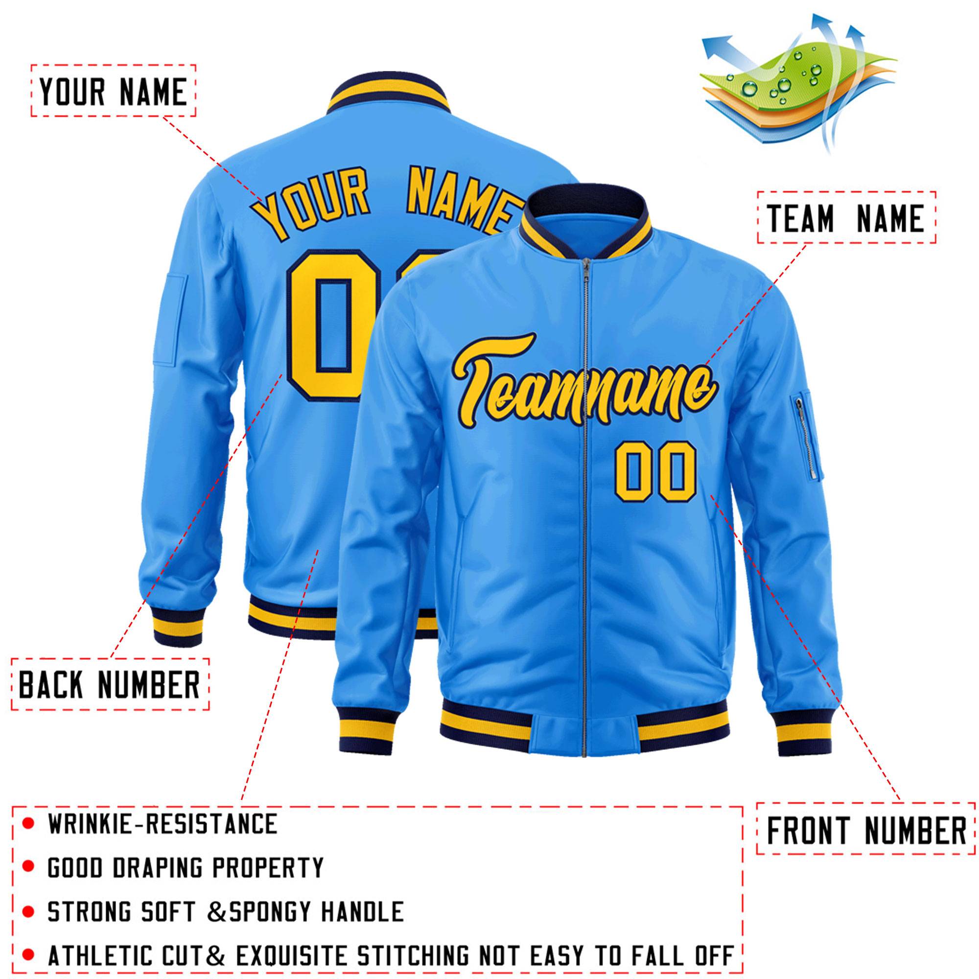 Custom Powder Blue Gold-Navy Varsity Full-Zip Letterman Bomber Jacket