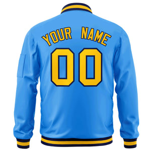 Custom Powder Blue Gold-Navy Varsity Full-Zip Letterman Bomber Jacket