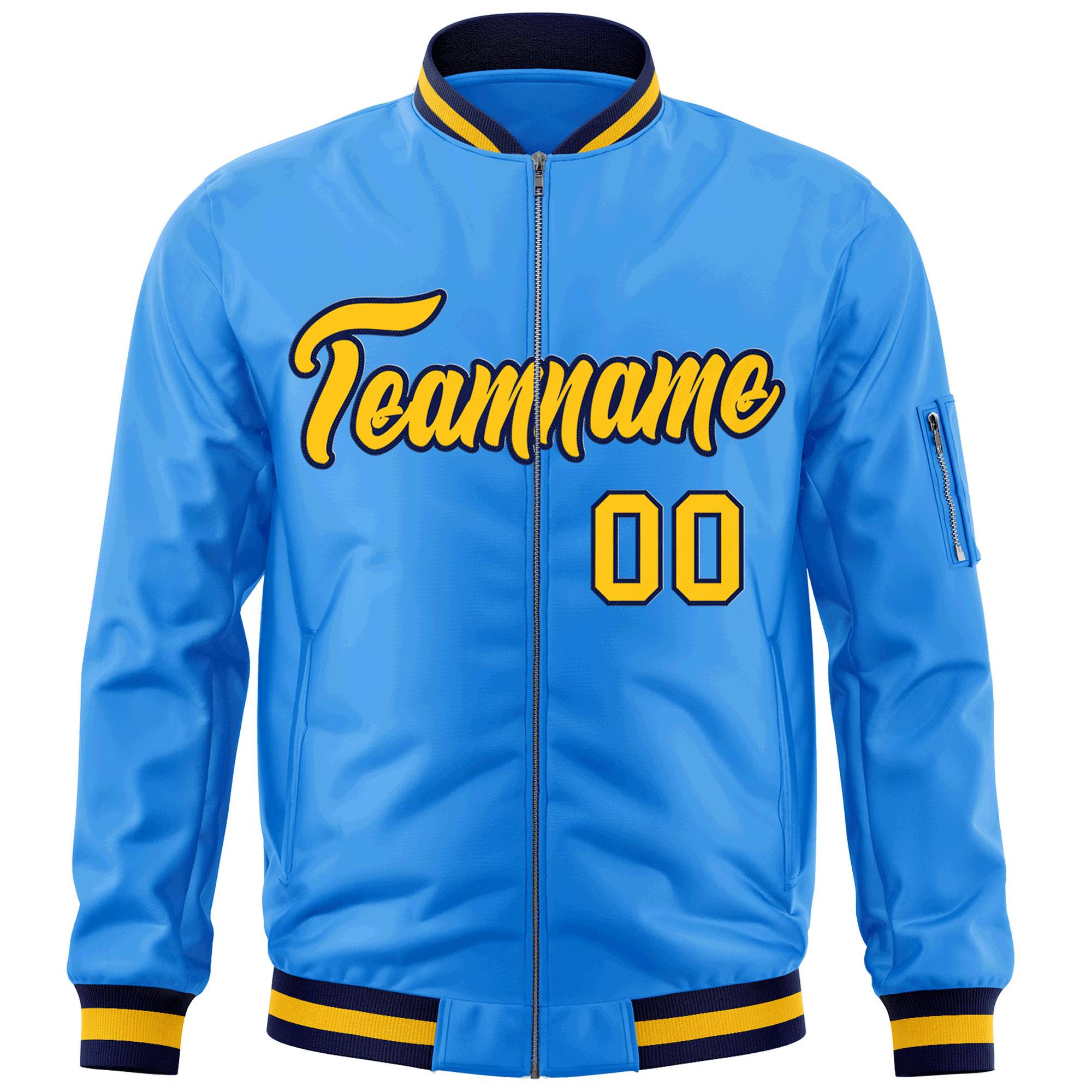 Custom Powder Blue Gold-Navy Varsity Full-Zip Letterman Bomber Jacket