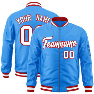 Custom Powder Blue White-Red Varsity Full-Zip Letterman Bomber Jacket