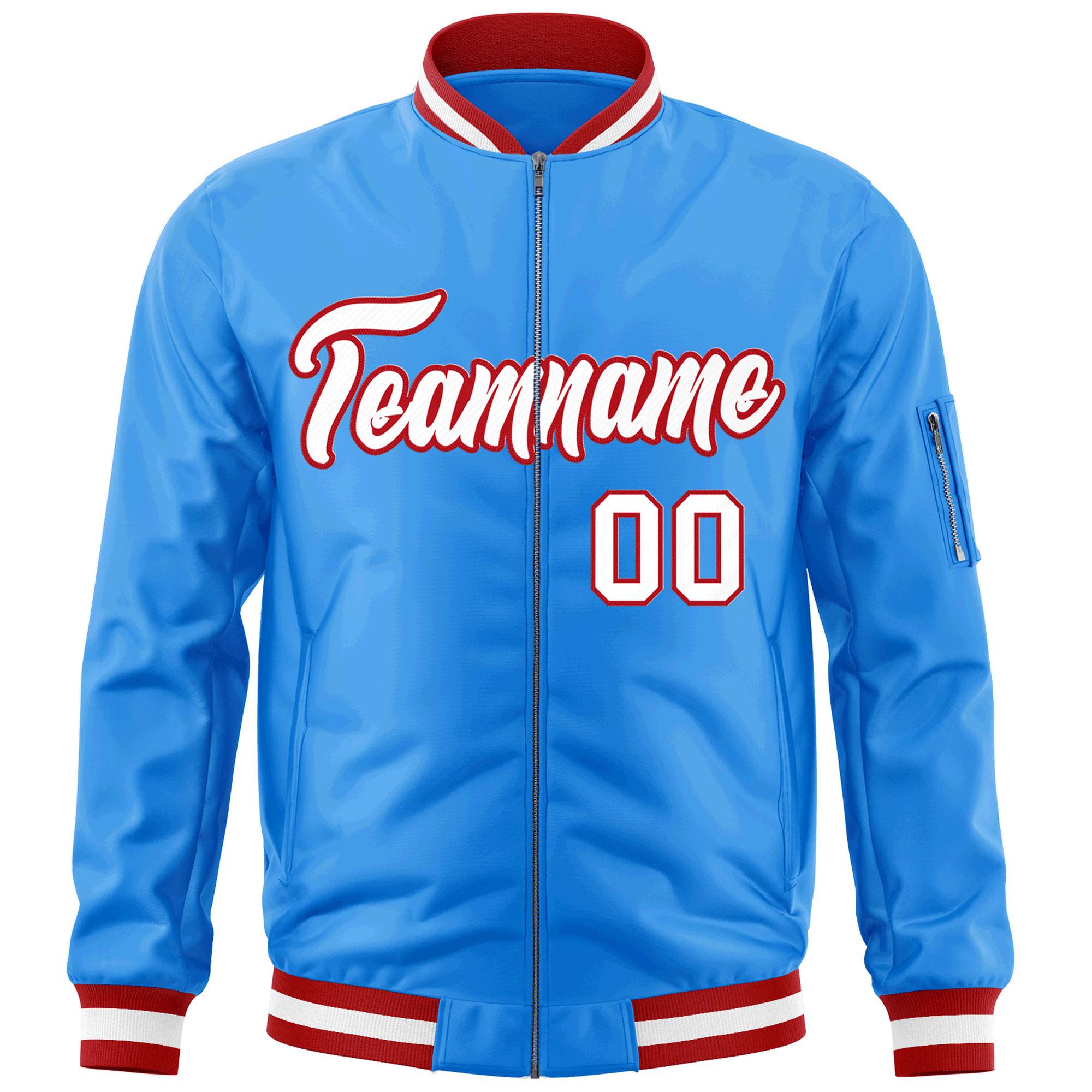 Custom Powder Blue White-Red Varsity Full-Zip Letterman Bomber Jacket