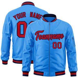 Custom Powder Blue Red-Navy Varsity Full-Zip Letterman Bomber Jacket