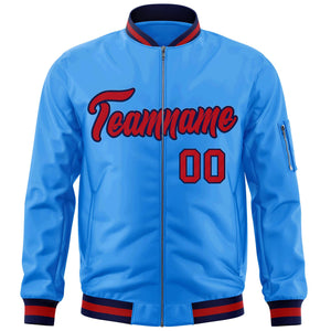 Custom Powder Blue Red-Navy Varsity Full-Zip Letterman Bomber Jacket