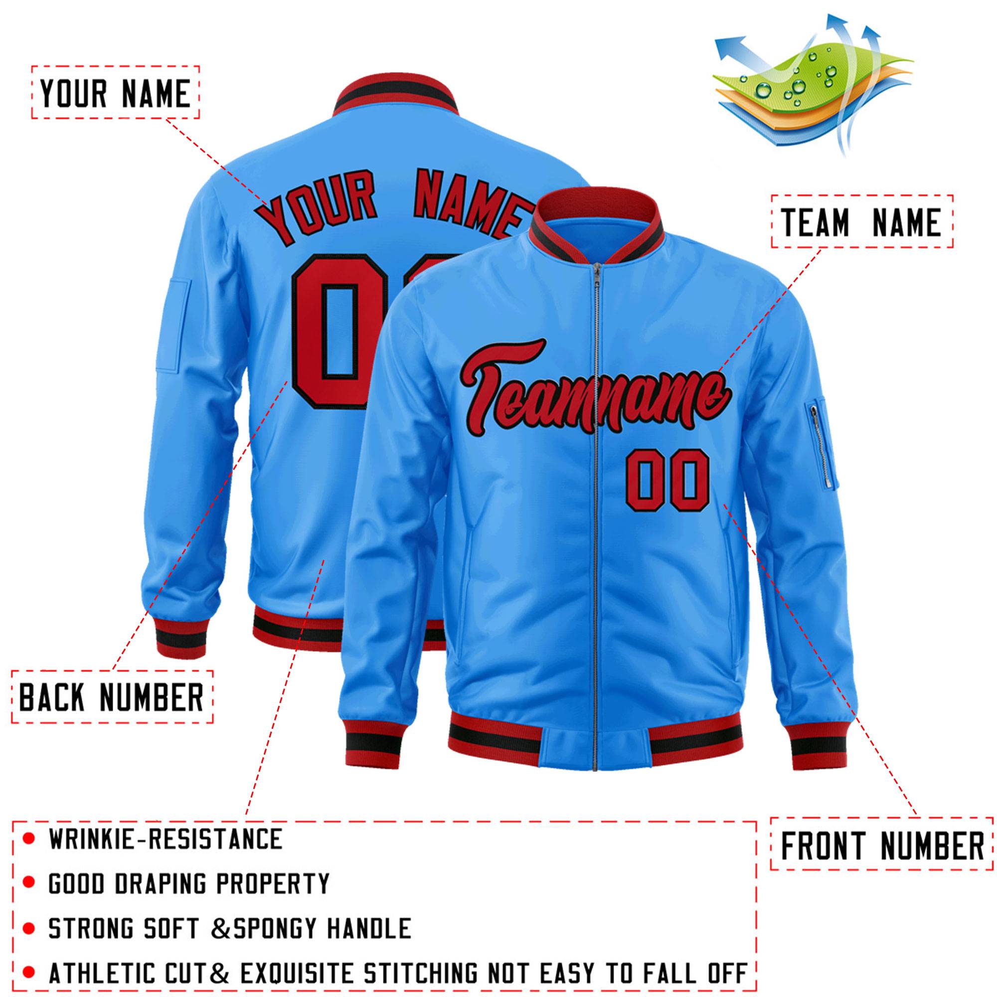 Custom Powder Blue Red-Black Varsity Full-Zip Letterman Bomber Jacket