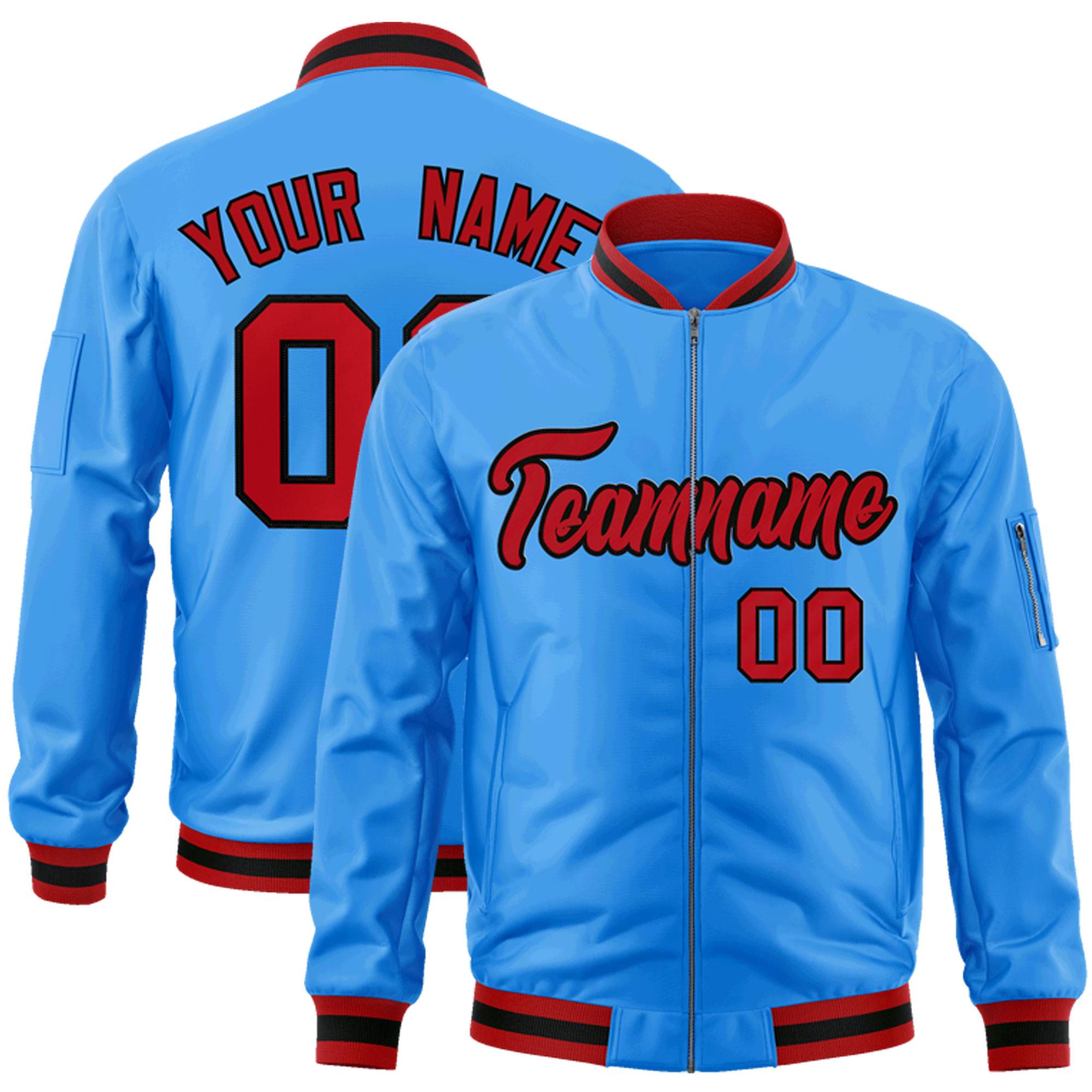 Custom Powder Blue Red-Black Varsity Full-Zip Letterman Bomber Jacket