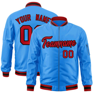 Custom Powder Blue Red-Black Varsity Full-Zip Letterman Bomber Jacket