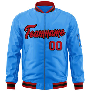 Custom Powder Blue Red-Black Varsity Full-Zip Letterman Bomber Jacket