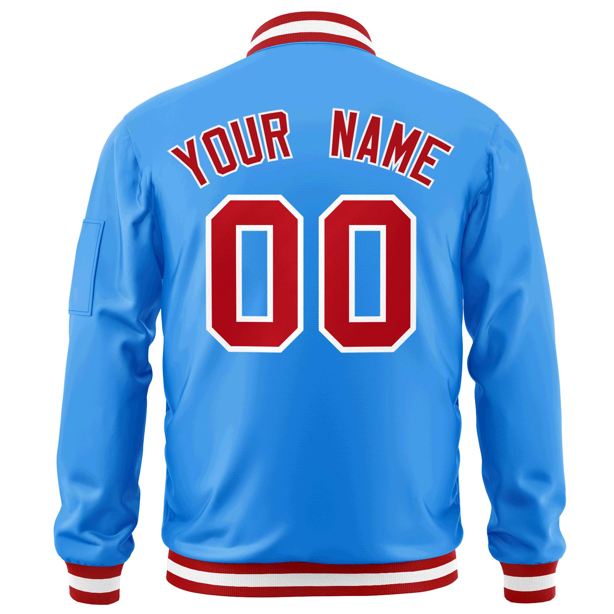 Custom Powder Blue Red-White Varsity Full-Zip Letterman Bomber Jacket