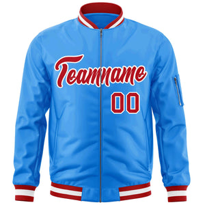 Custom Powder Blue Red-White Varsity Full-Zip Letterman Bomber Jacket