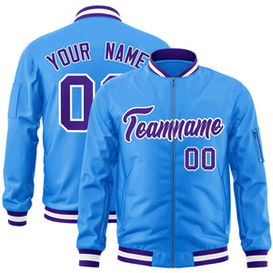 Custom Powder Blue Purple-White Varsity Full-Zip Letterman Bomber Jacket