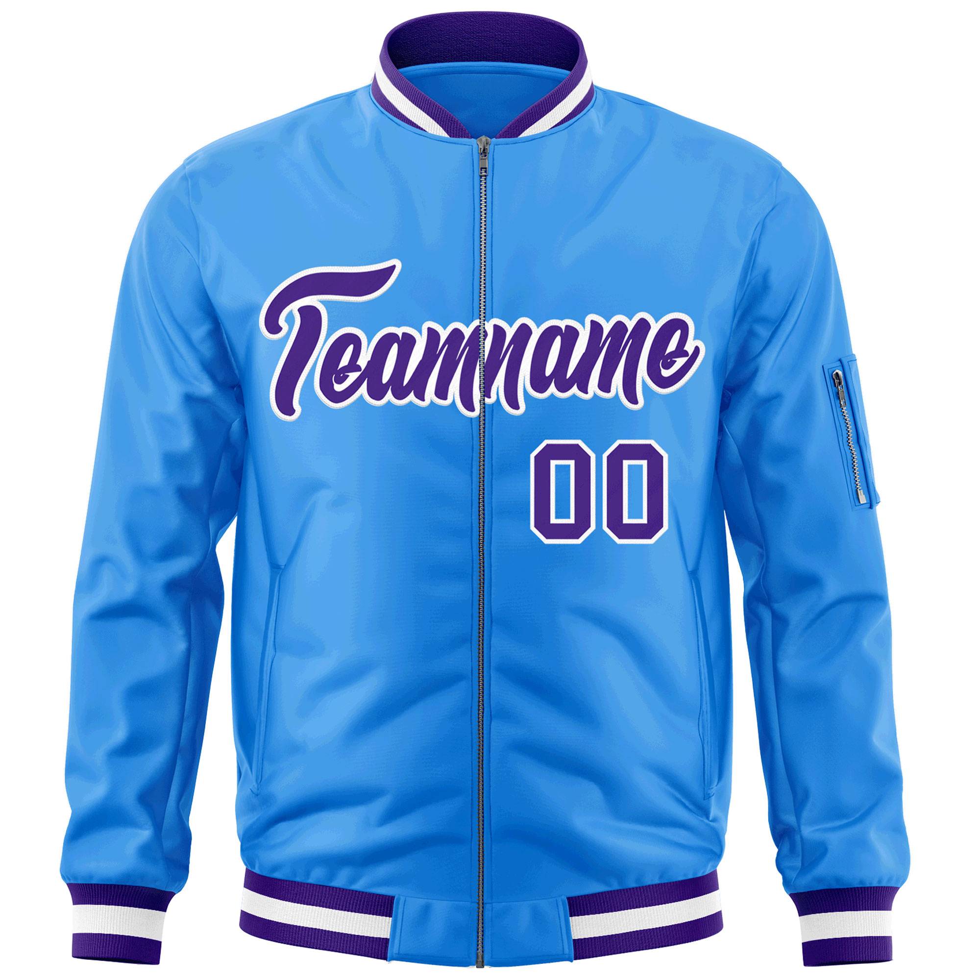 Custom Powder Blue Purple-White Varsity Full-Zip Letterman Bomber Jacket