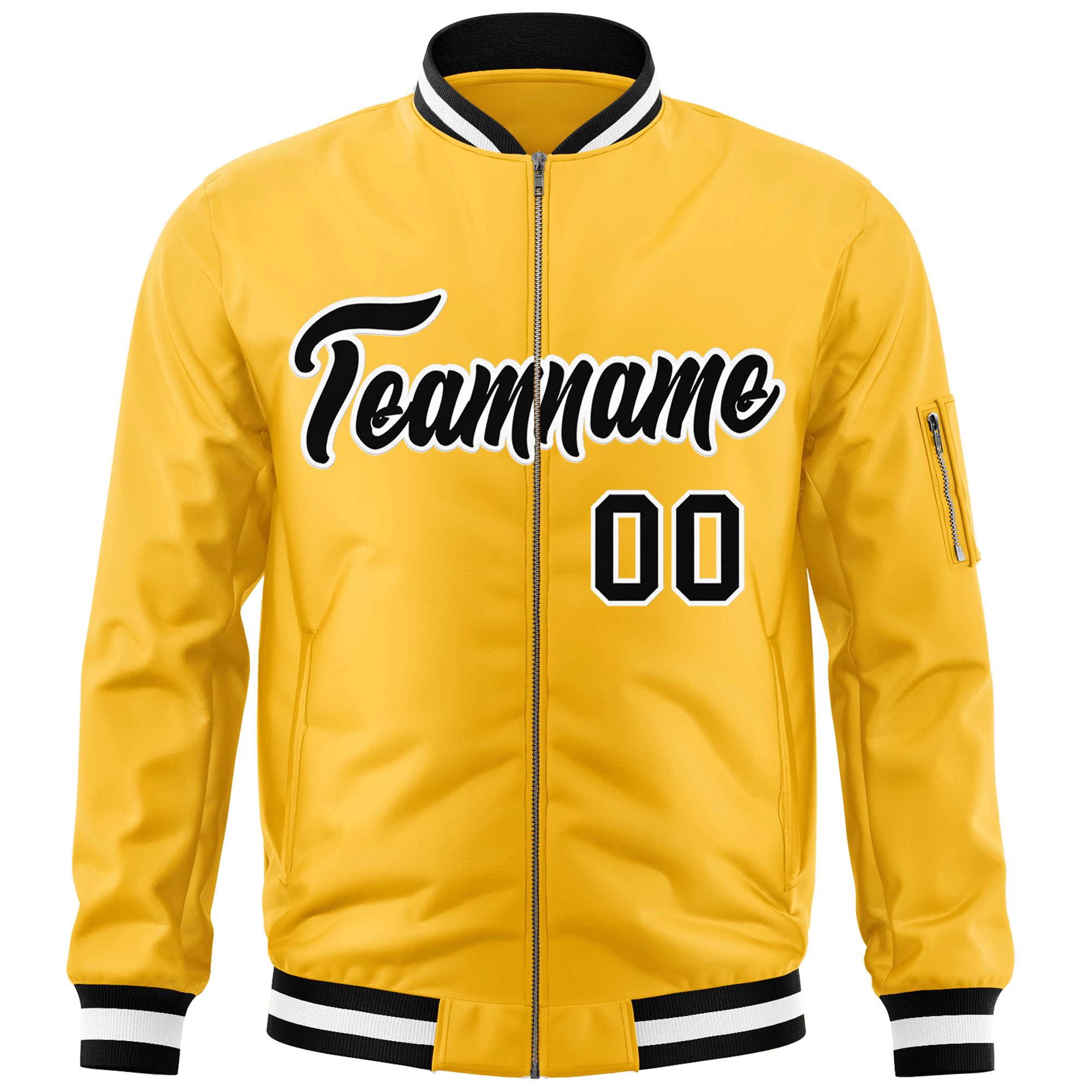 Custom Gold Black-White Varsity Full-Zip Letterman Bomber Jacket