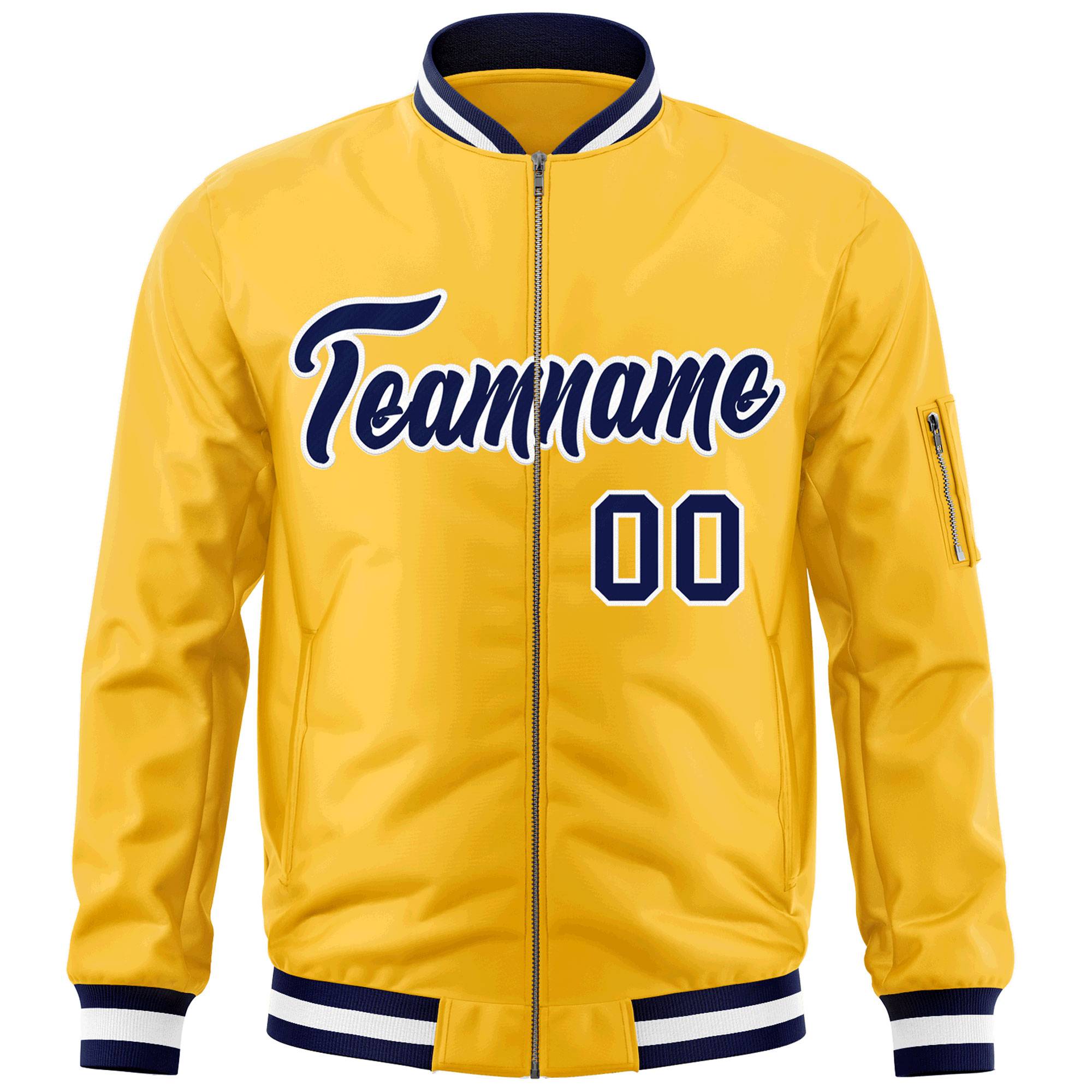 Custom Gold Navy-White Varsity Full-Zip Letterman Bomber Jacket