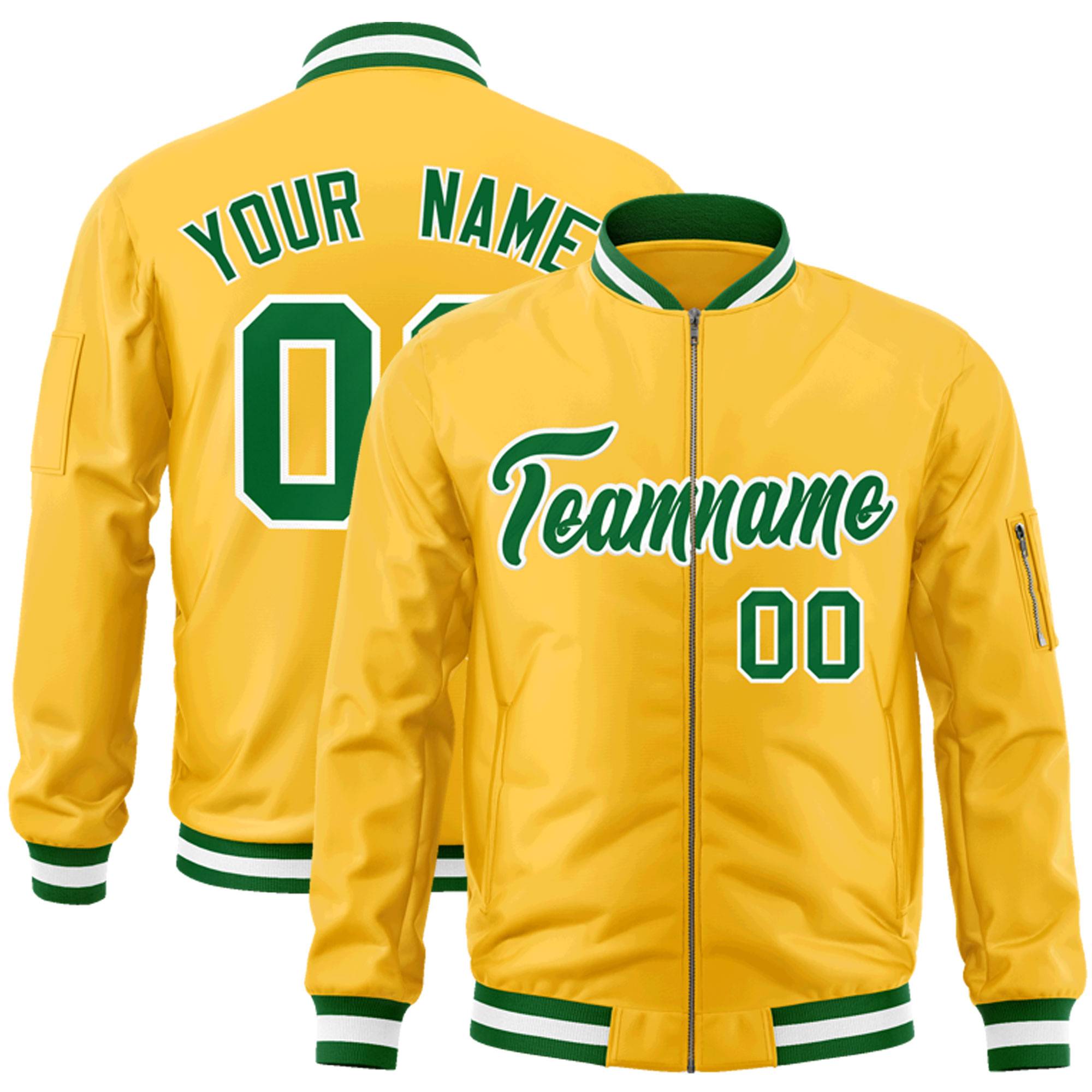 Custom Gold Kelly Green-White Varsity Full-Zip Letterman Bomber Jacket