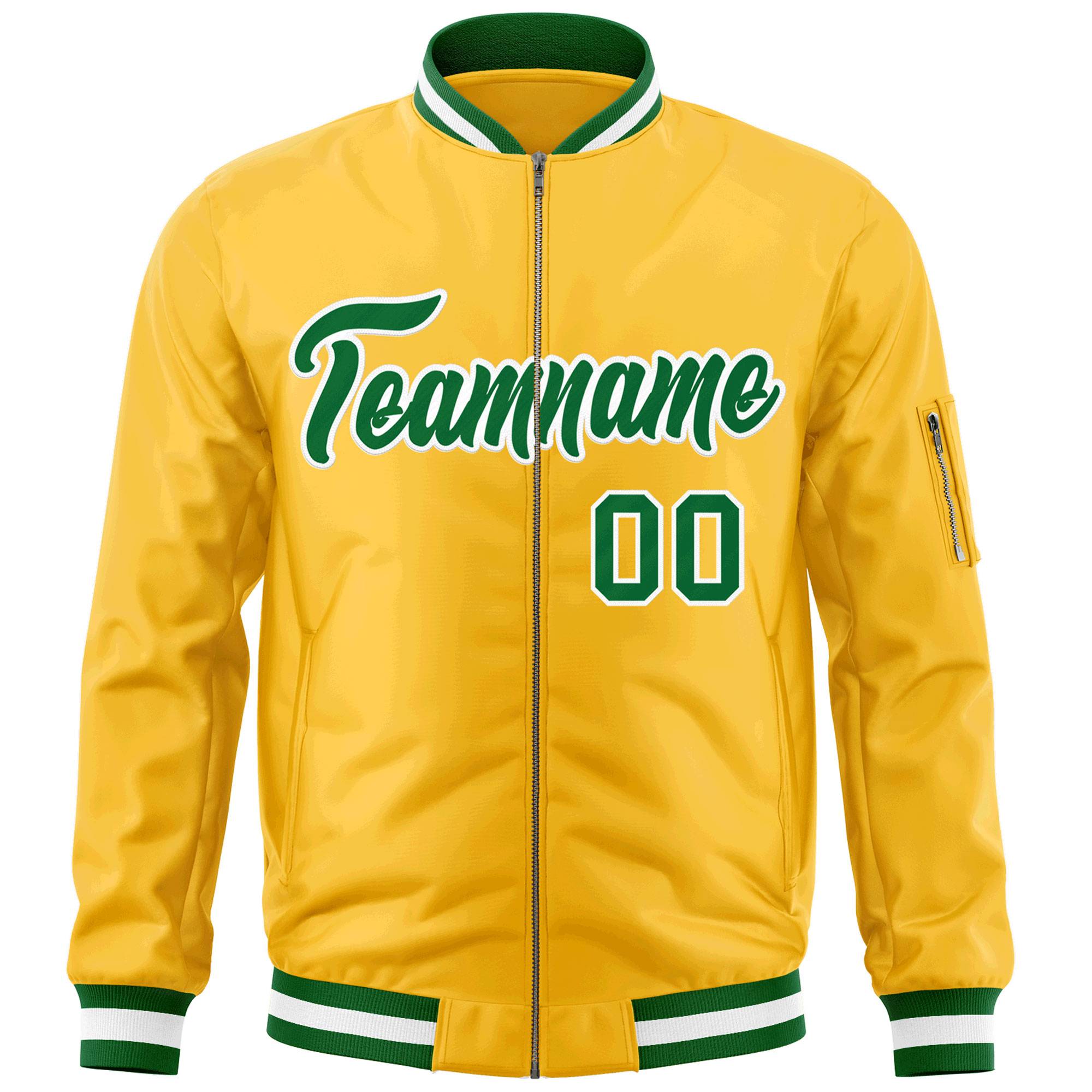 Custom Gold Kelly Green-White Varsity Full-Zip Letterman Bomber Jacket