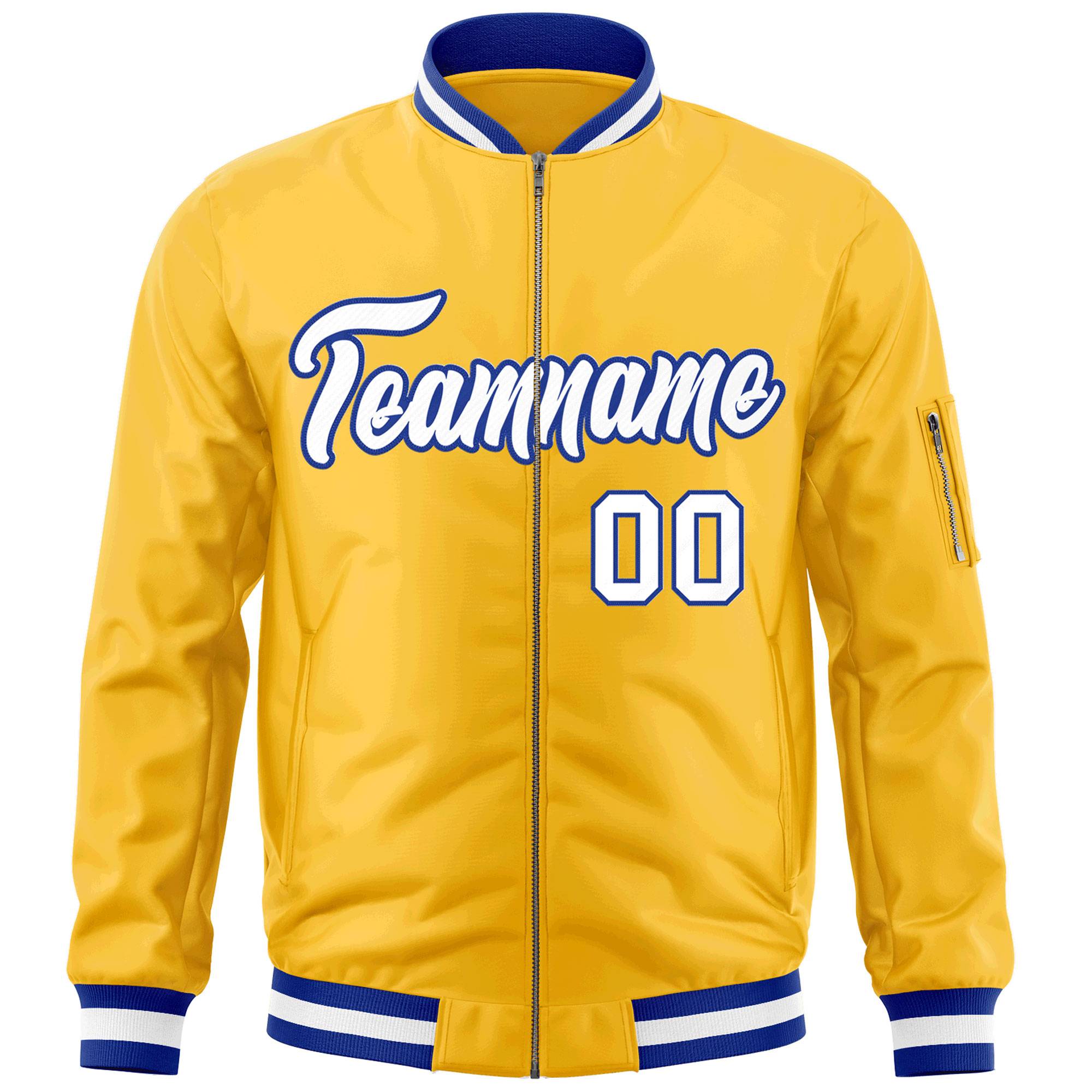 Custom Gold White-Royal Varsity Full-Zip Letterman Bomber Jacket