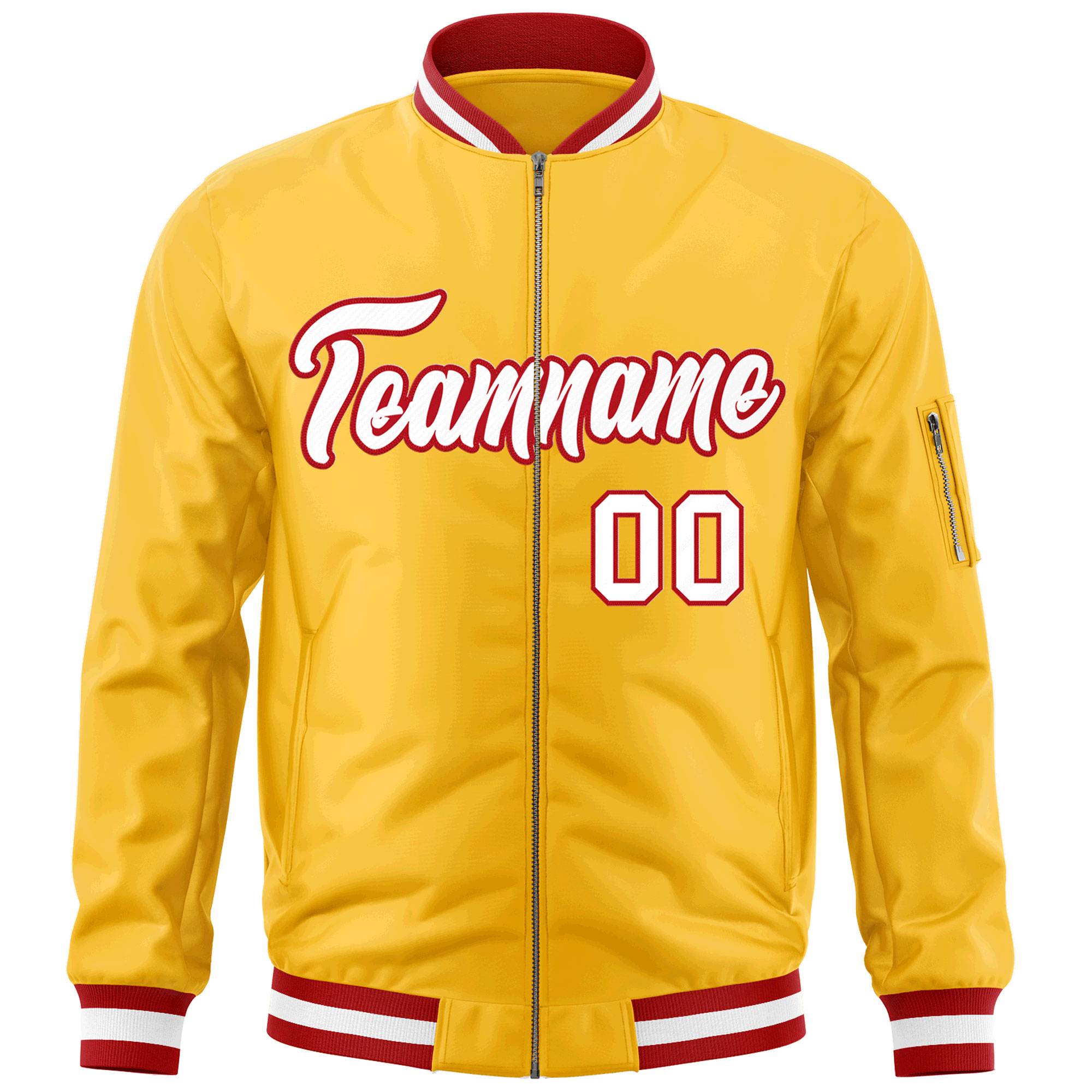 Custom Gold White-Red Varsity Full-Zip Letterman Bomber Jacket