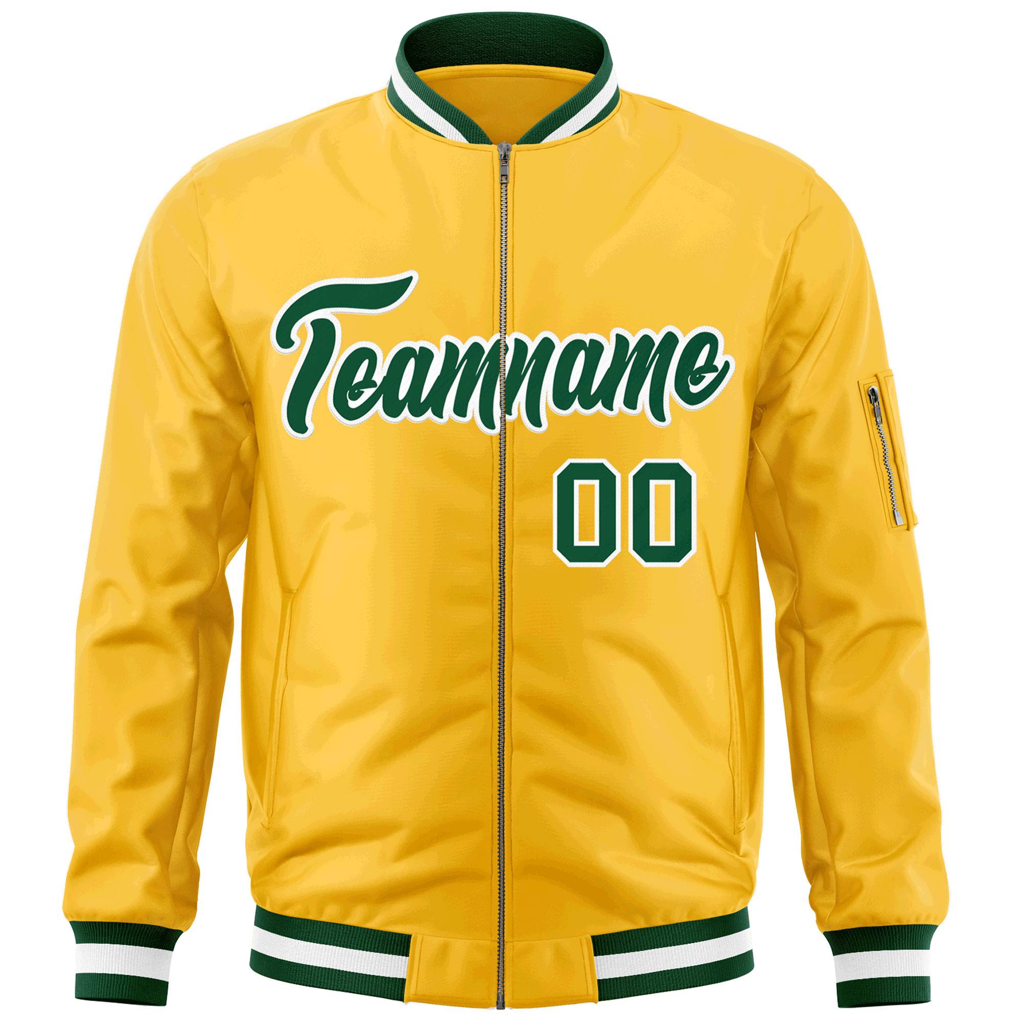 Custom Gold Green-White Varsity Full-Zip Letterman Bomber Jacket