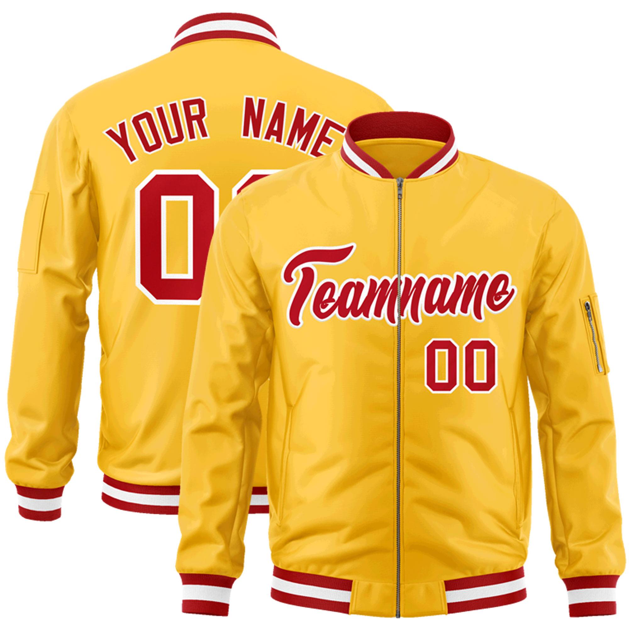 Custom Gold Red-White Varsity Full-Zip Letterman Bomber Jacket