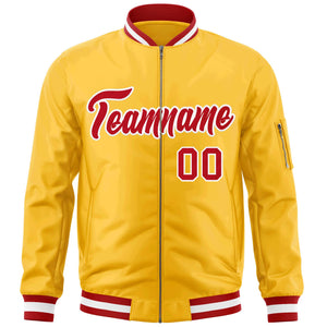 Custom Gold Red-White Varsity Full-Zip Letterman Bomber Jacket