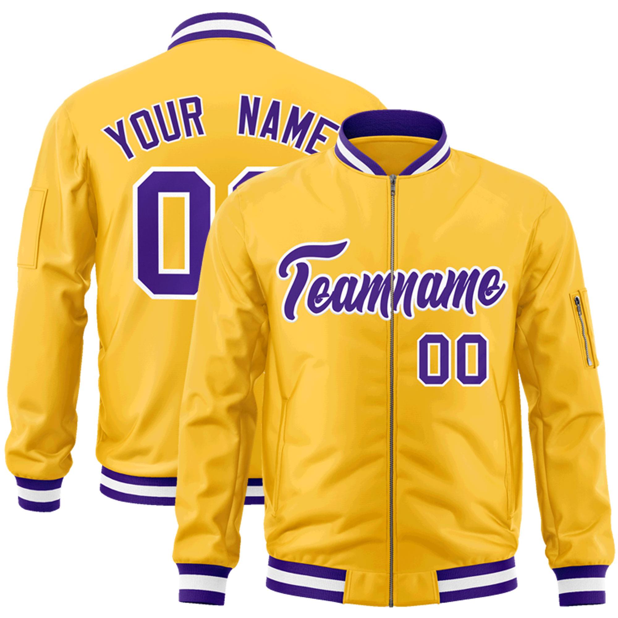 Custom Gold Purple-White Varsity Full-Zip Letterman Bomber Jacket