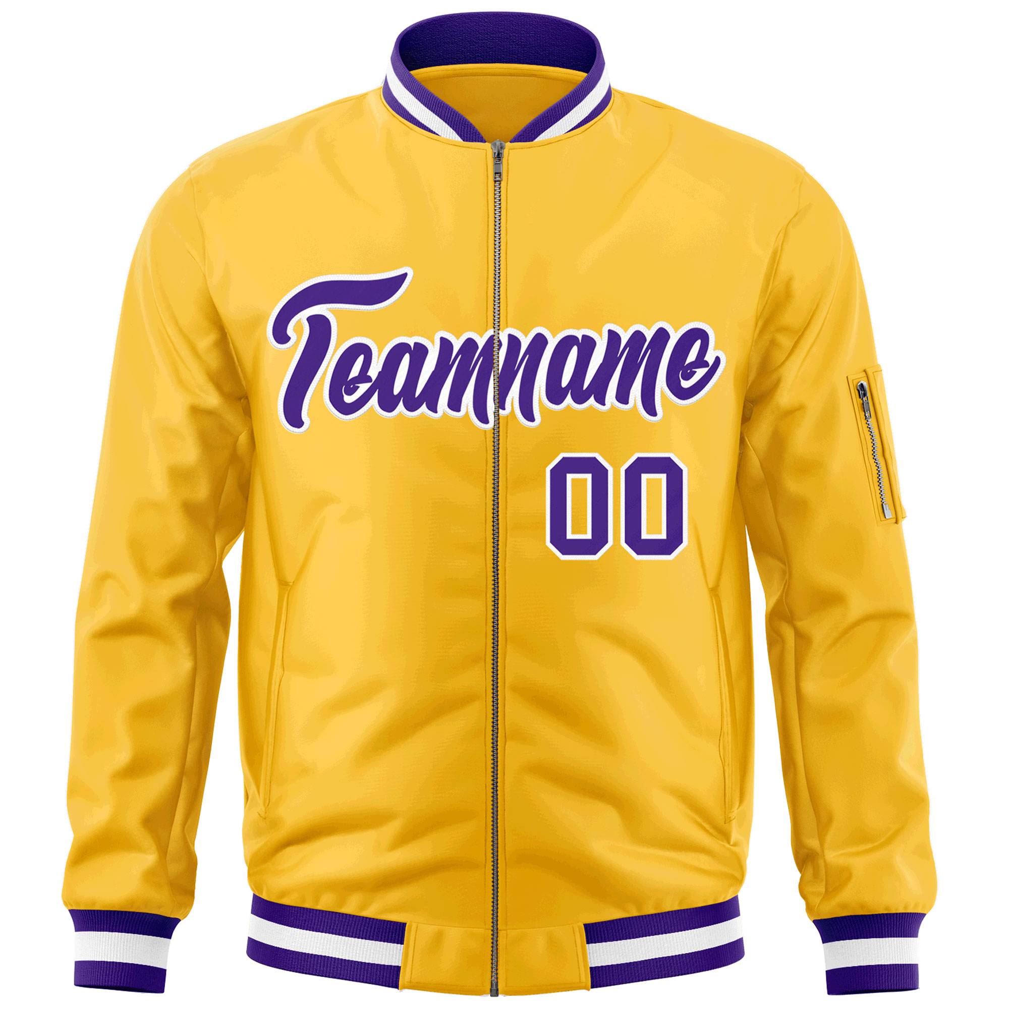 Custom Gold Purple-White Varsity Full-Zip Letterman Bomber Jacket