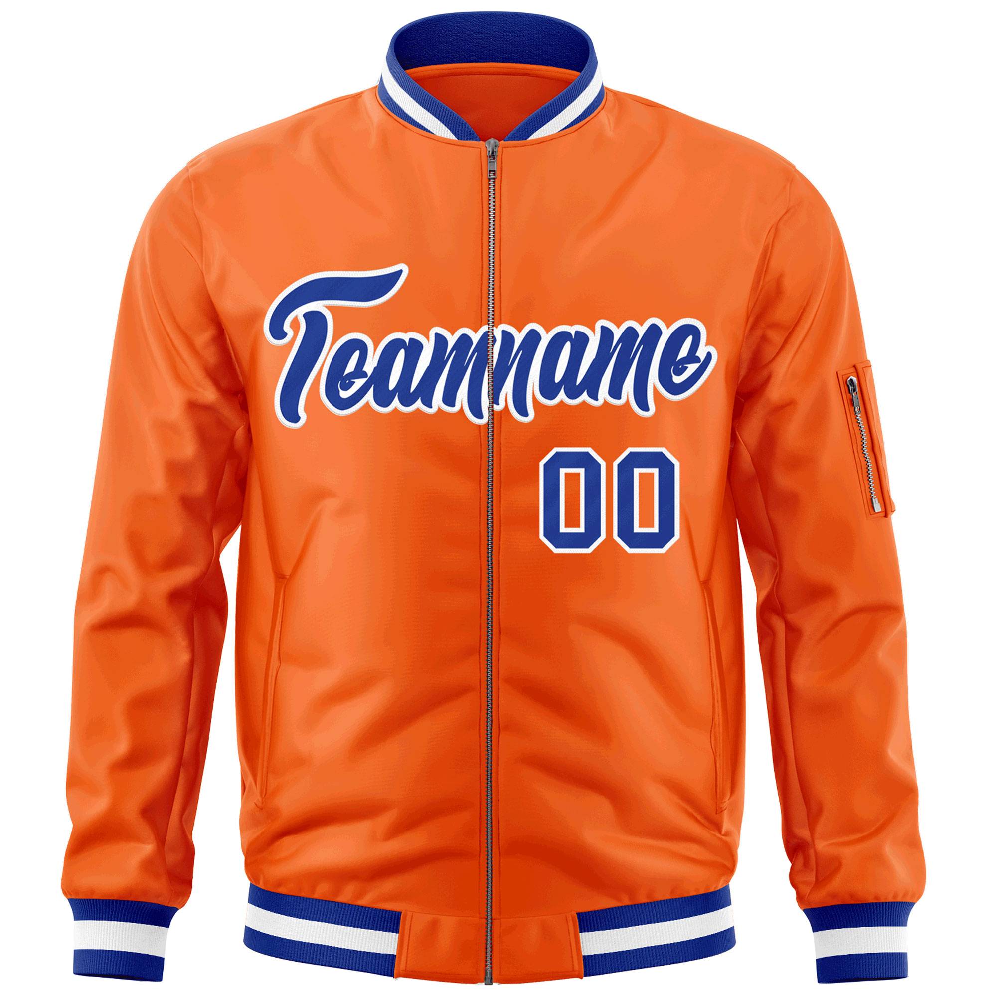 Custom Orange Royal-White Varsity Full-Zip Letterman Bomber Jacket