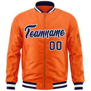 Custom Orange Navy-White Varsity Full-Zip Letterman Bomber Jacket