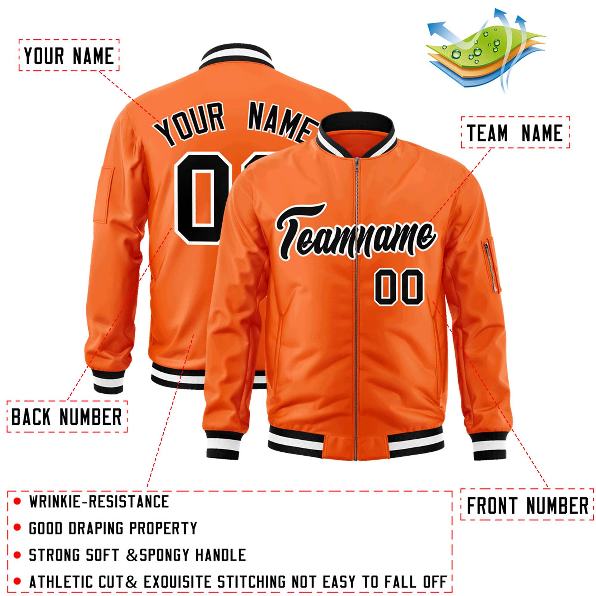 Custom Orange Black-White Varsity Full-Zip Letterman Bomber Jacket