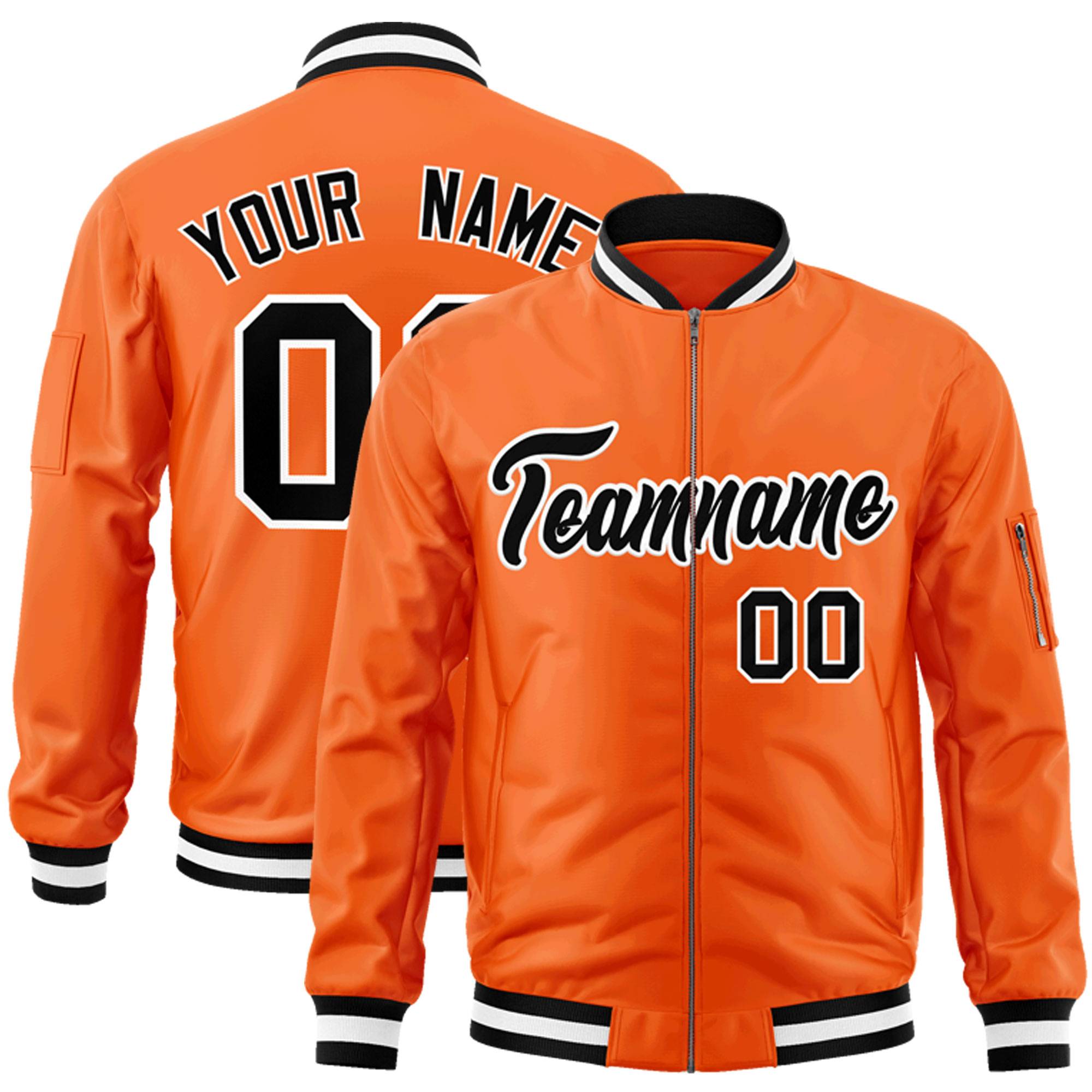 Custom Orange Black-White Varsity Full-Zip Letterman Bomber Jacket