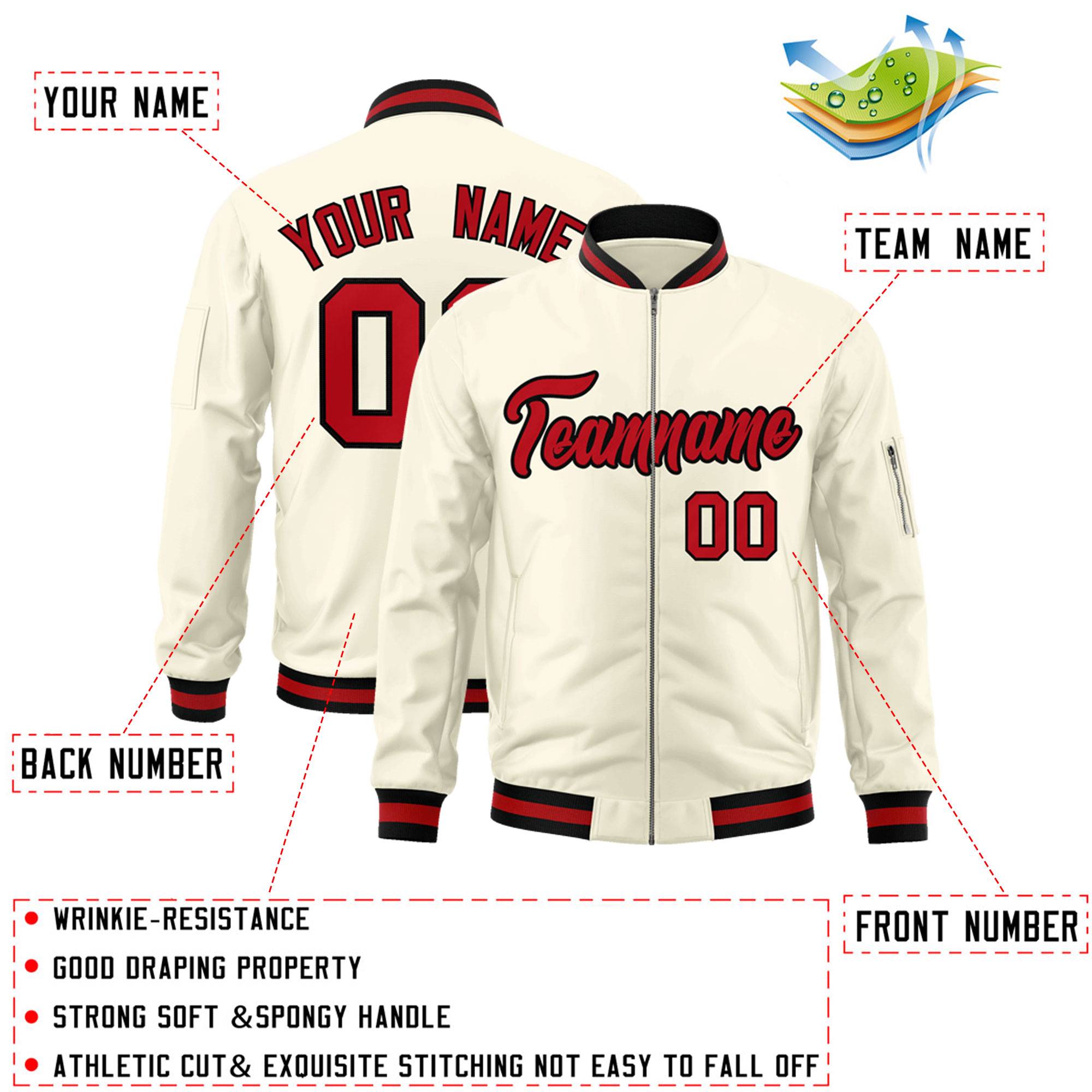 Custom Cream Red-Black Varsity Full-Zip Letterman Bomber Jacket