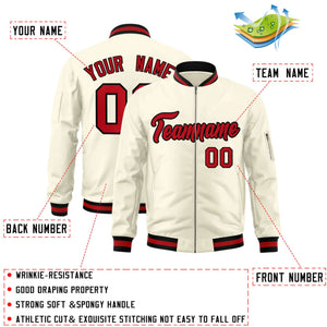 Custom Cream Red-Black Varsity Full-Zip Letterman Bomber Jacket