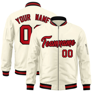 Custom Cream Red-Black Varsity Full-Zip Letterman Bomber Jacket