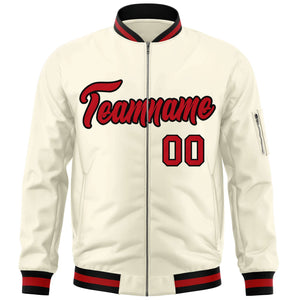 Custom Cream Red-Black Varsity Full-Zip Letterman Bomber Jacket