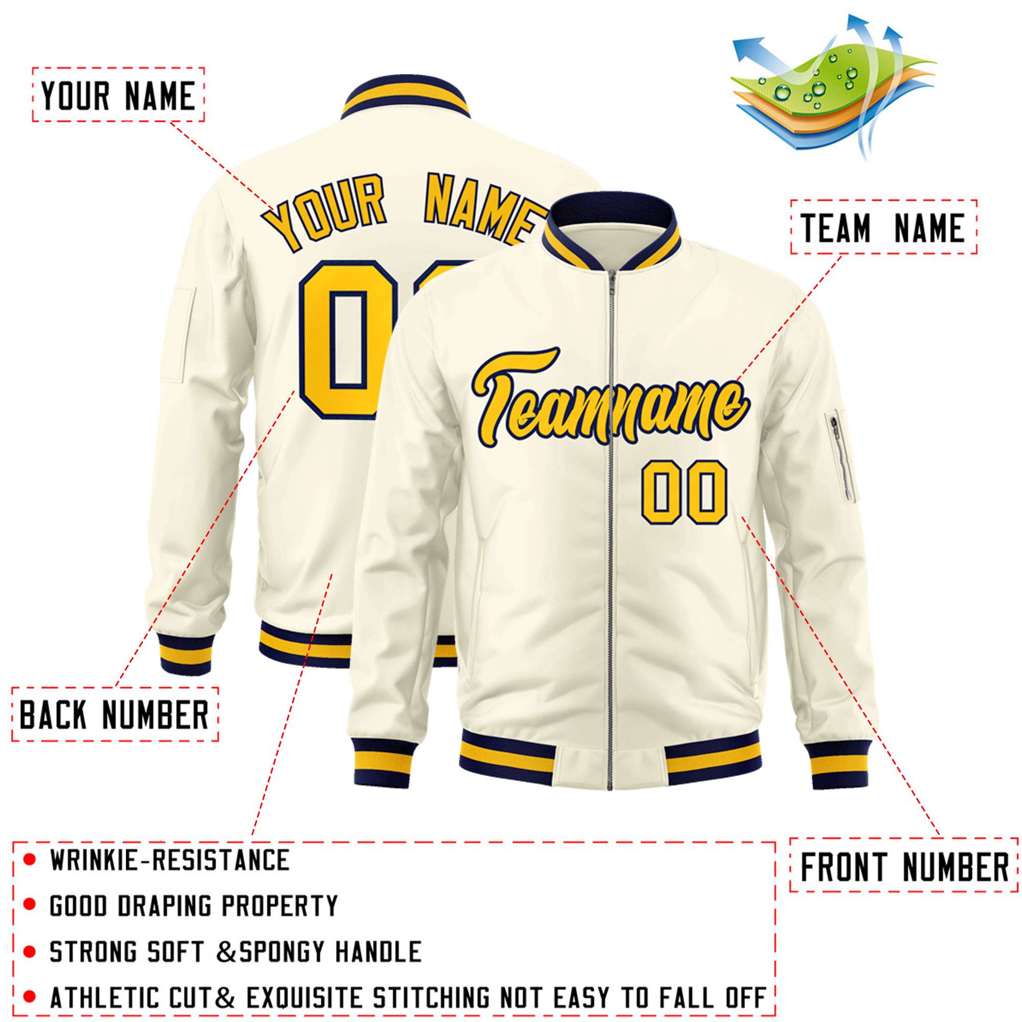 Custom Cream Yellow-Navy Varsity Full-Zip Letterman Bomber Jacket