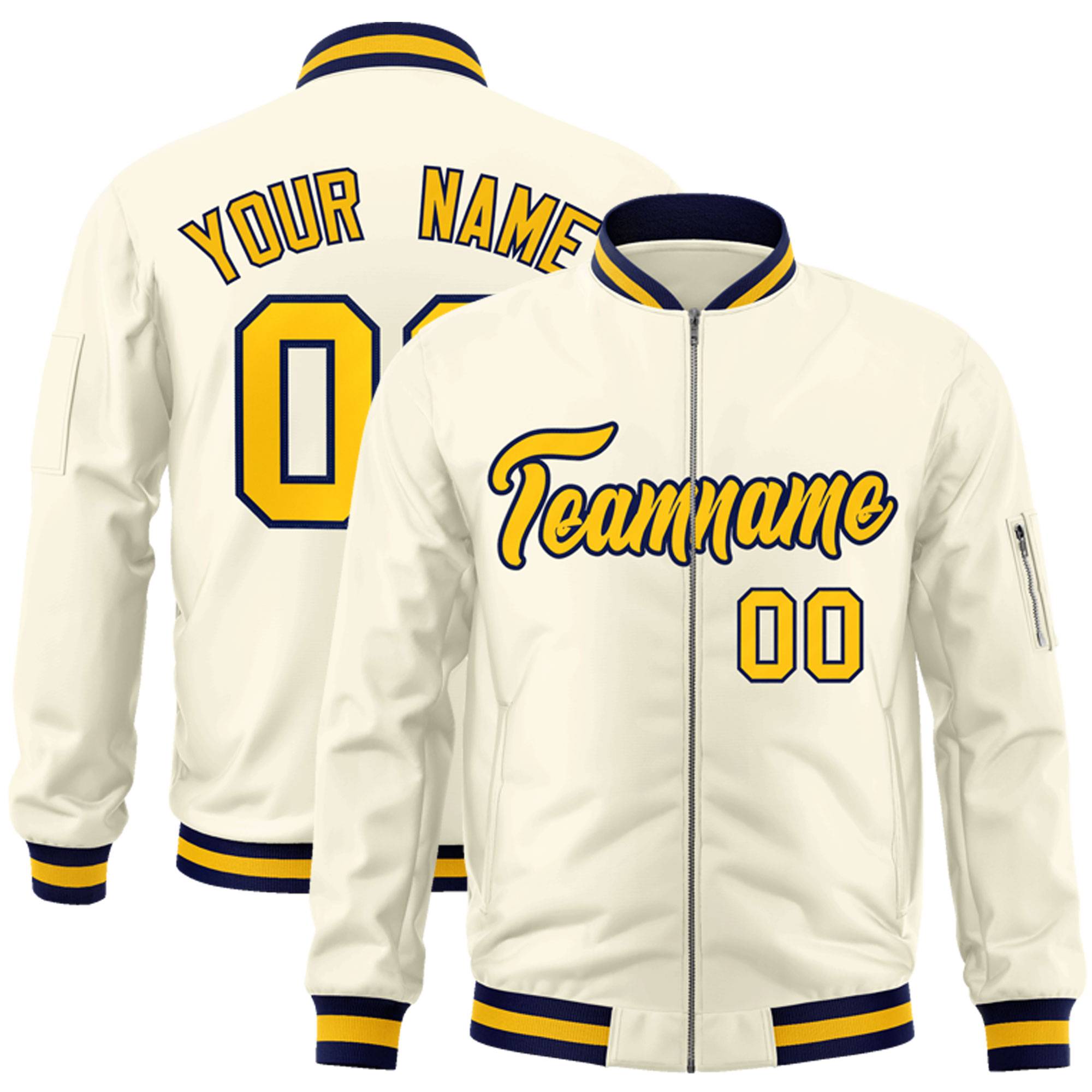 Custom Cream Yellow-Navy Varsity Full-Zip Letterman Bomber Jacket