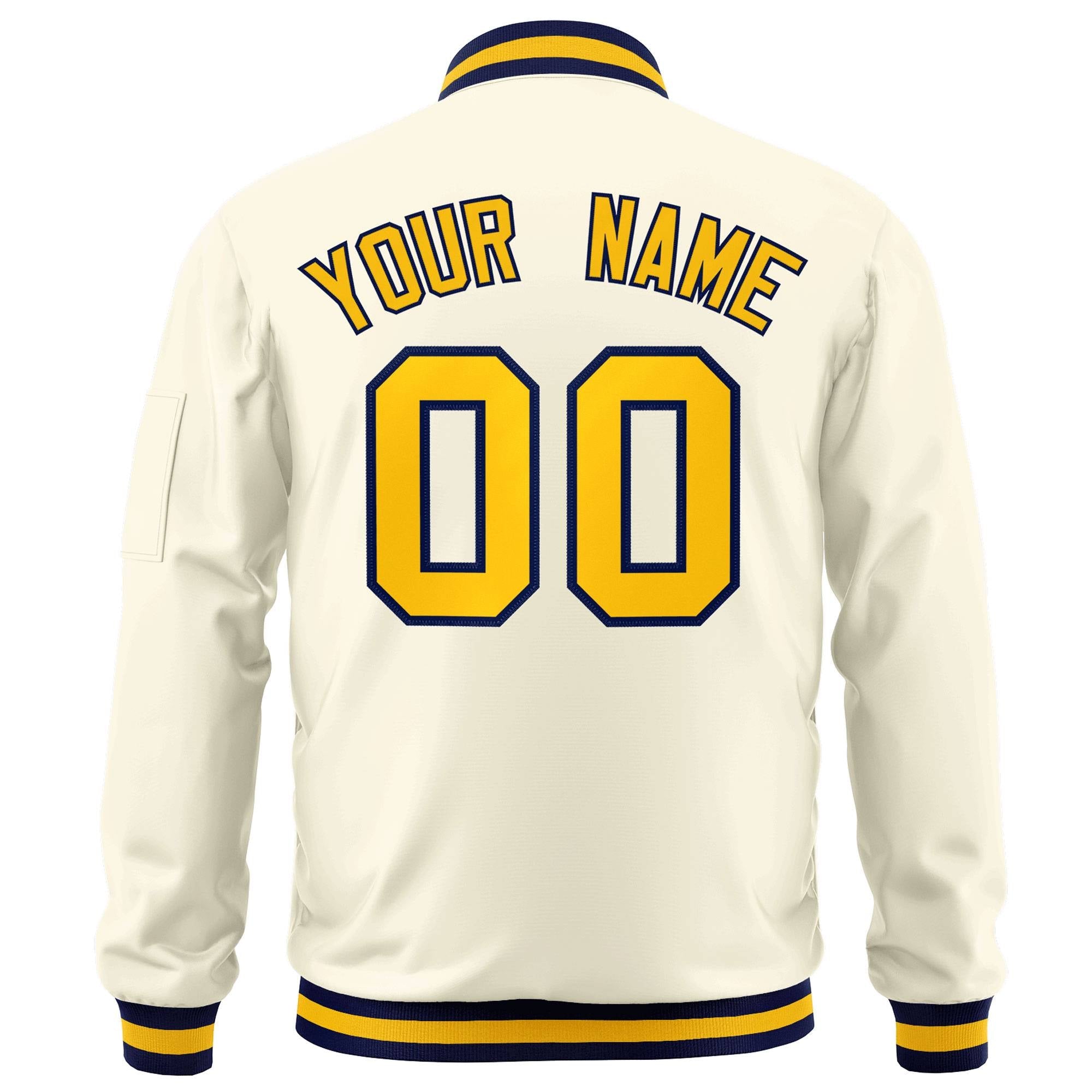 Custom Cream Yellow-Navy Varsity Full-Zip Letterman Bomber Jacket