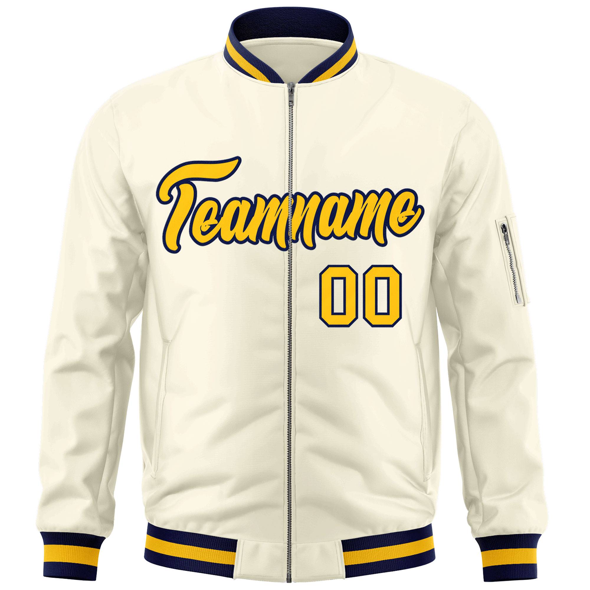 Custom Cream Yellow-Navy Varsity Full-Zip Letterman Bomber Jacket