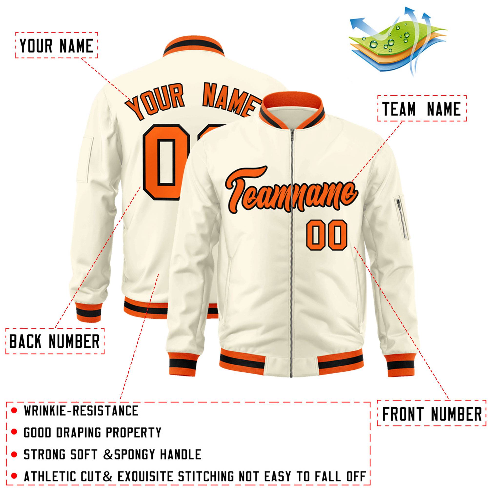 Custom Cream Orange-Black Varsity Full-Zip Letterman Bomber Jacket