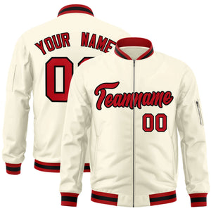 Custom Cream Red-Black Varsity Full-Zip Letterman Bomber Jacket