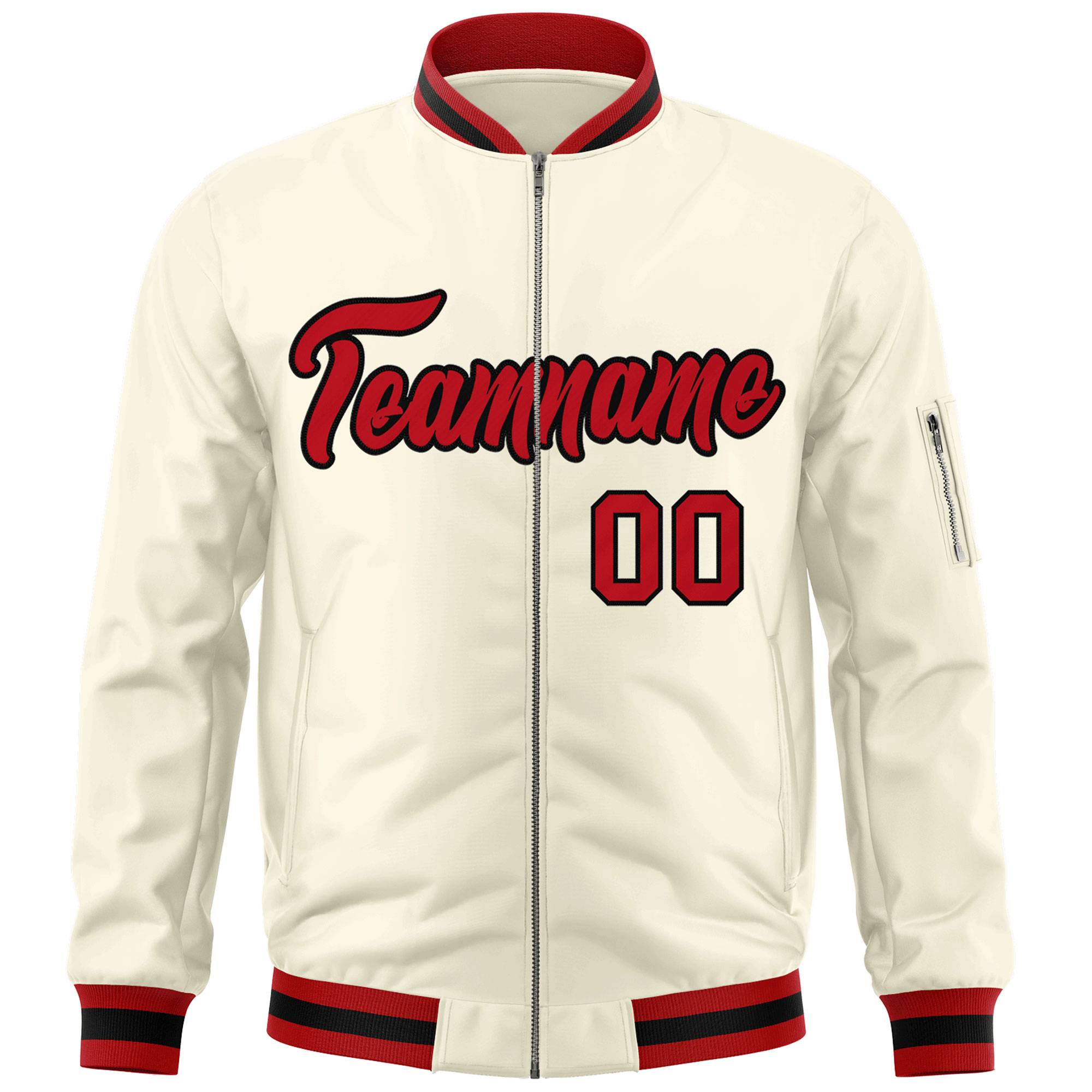 Custom Cream Red-Black Varsity Full-Zip Letterman Bomber Jacket