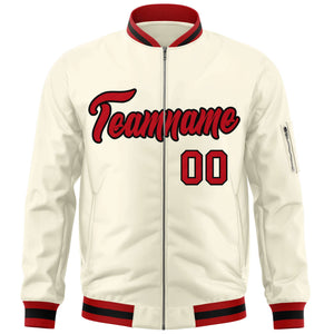 Custom Cream Red-Black Varsity Full-Zip Letterman Bomber Jacket