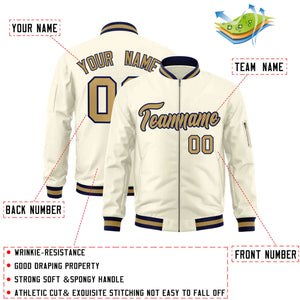 Custom Cream Old Gold-Navy Varsity Full-Zip Letterman Bomber Jacket