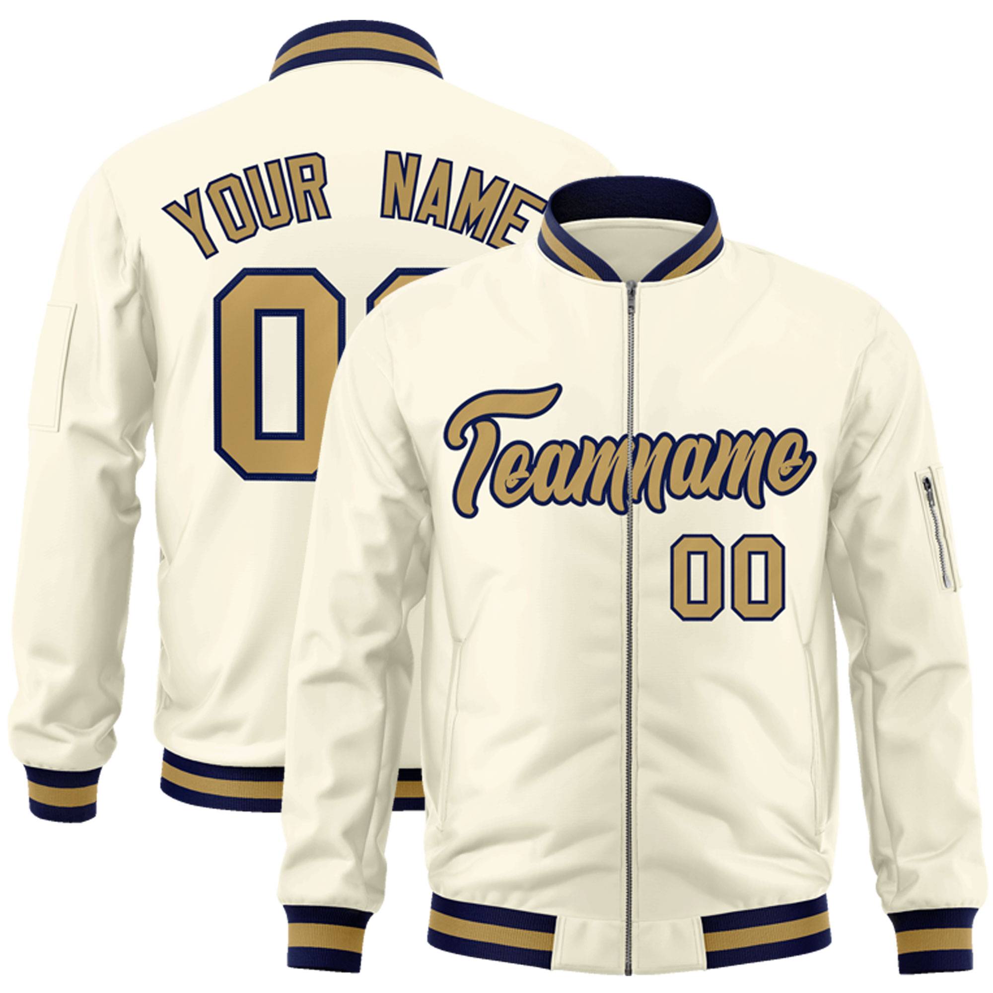 Custom Cream Old Gold-Navy Varsity Full-Zip Letterman Bomber Jacket