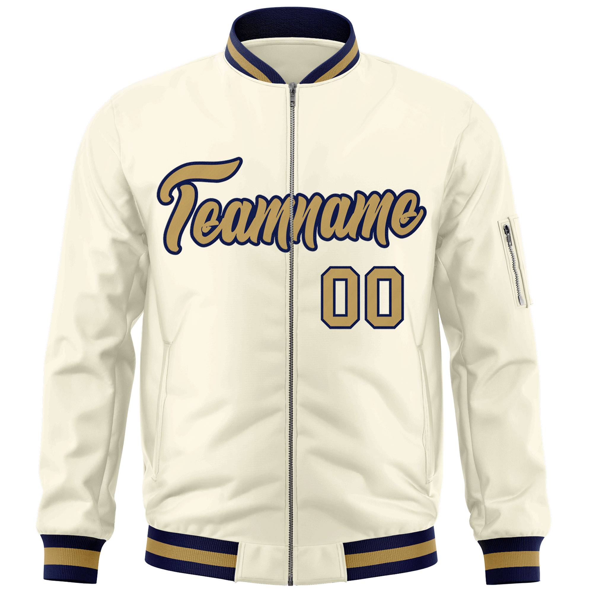 Custom Cream Old Gold-Navy Varsity Full-Zip Letterman Bomber Jacket